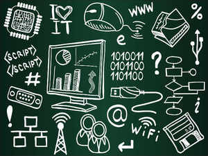 blackboard of various technology icons and ideas