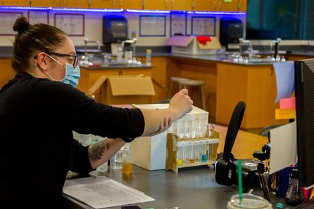 Marshall uses two cameras - a webcam and a document camera - to both teach lessons and to provide students with a detailed view of the experiment she's conducting