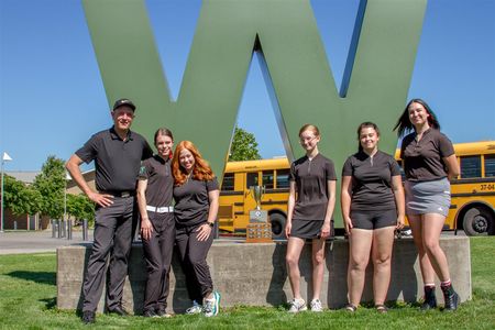 From left: Coach Aaron Blackwelder, Erin Madsen, Addison Landrigan, Kara Lynn Conditt, Rayleah Trice, Zoe Jouwsma